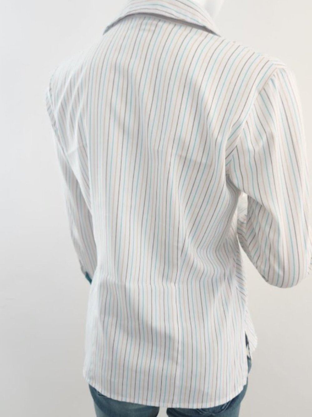 Executive Uniforms Striped Button Down Blouse Shirt XS Teal Blue Tan White - Picture 5 of 16